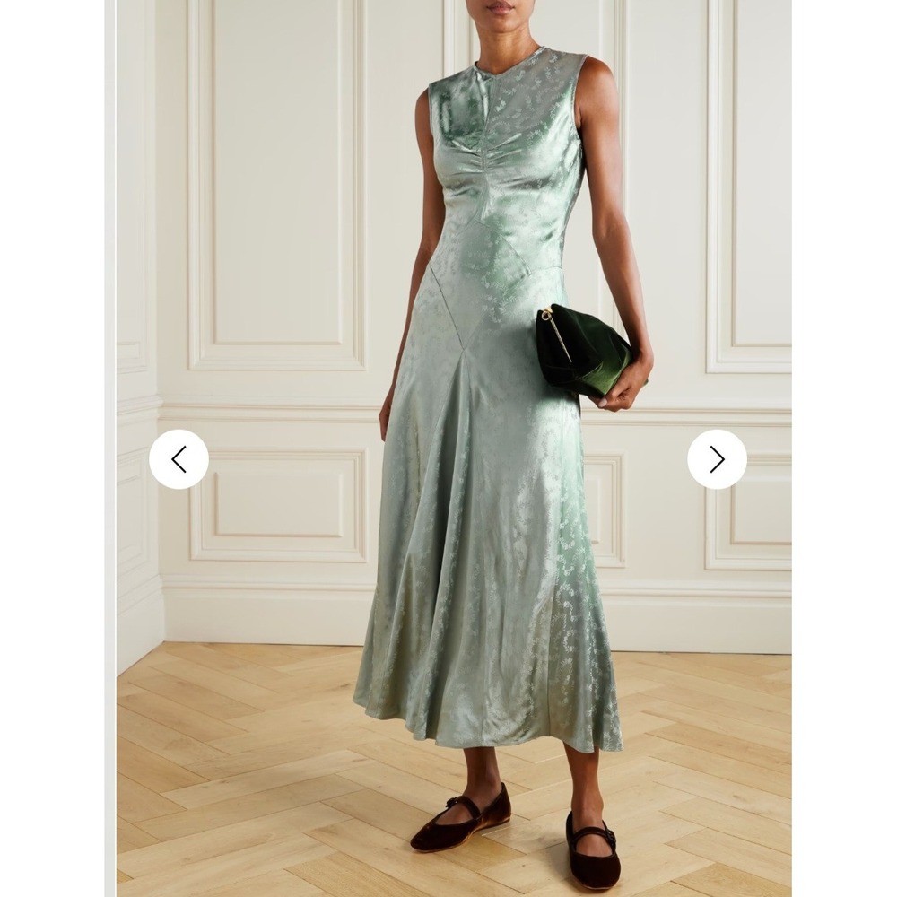 DOEN Ginette Floral Jacquard Satin Midi Dress Dusty Jade Green XS NWT $498